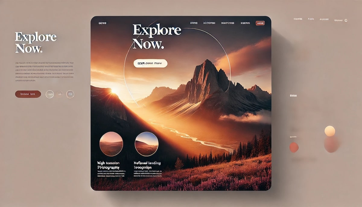 Homepage layout with a bold hero image of a mountain range at sunrise, using high-quality visuals to create emotional connections and improve user experience.