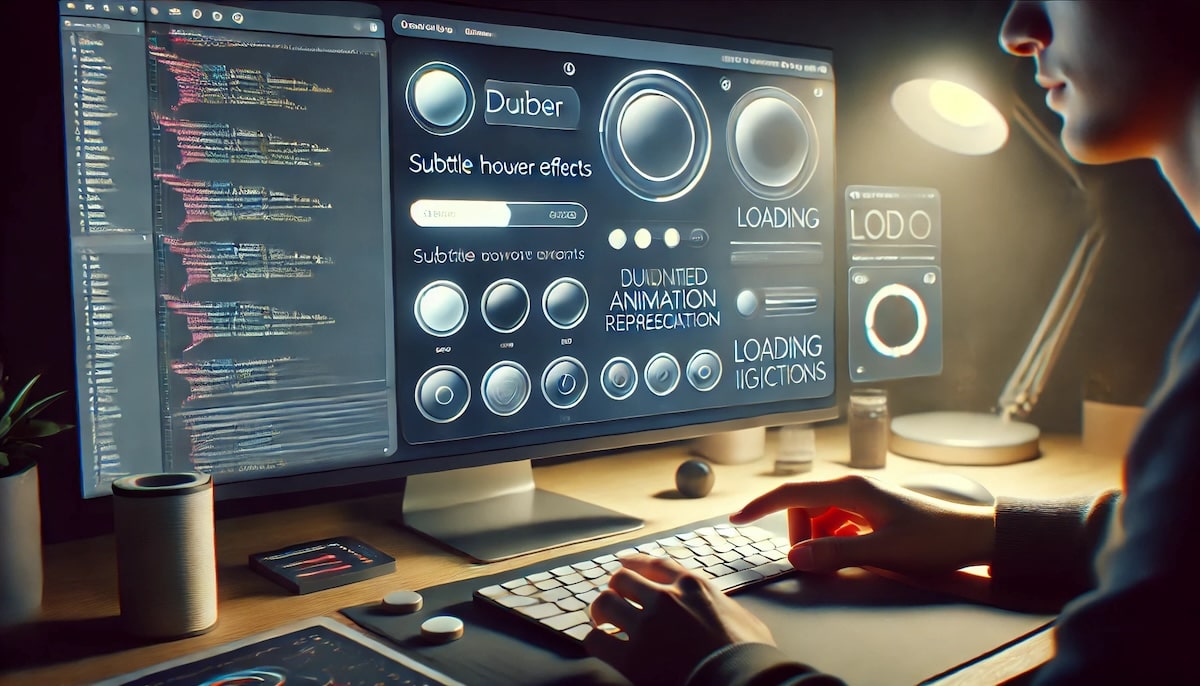 Desktop interface showcasing interactive hover effects, animated progress bars, and a designer testing micro-interactions for optimal usability.