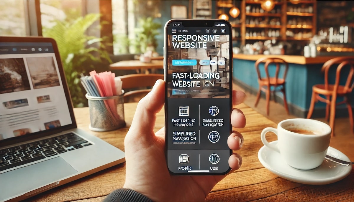 Smartphone on a coffee shop table showing a responsive mobile-first website design, optimized for fast loading and touch-friendly navigation to improve user experience.