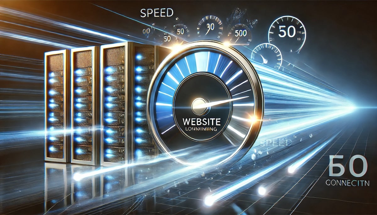 Glowing speedometer graphics with a dynamic website loading bar, representing fast-loading pages and enhanced performance.