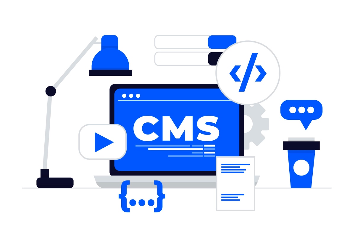 Graphic displaying various components of CMS, including a laptop, coffee, and piece of code