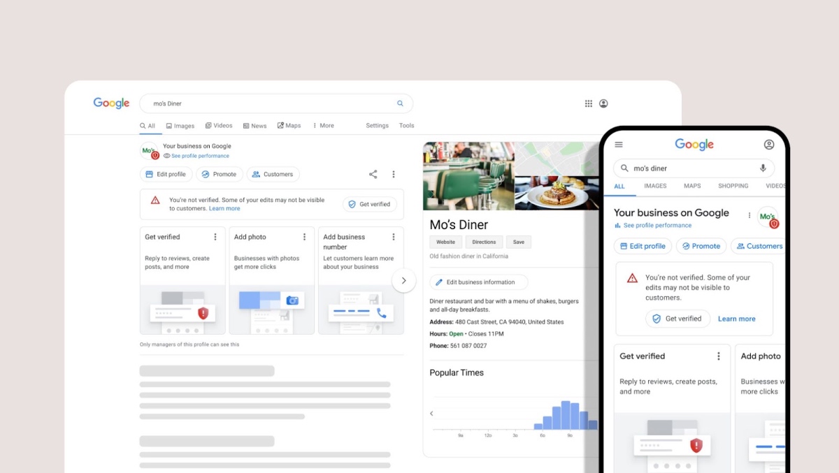 Google Business Profile For Mo’s Diner Showing Up On Desktop And Mobile