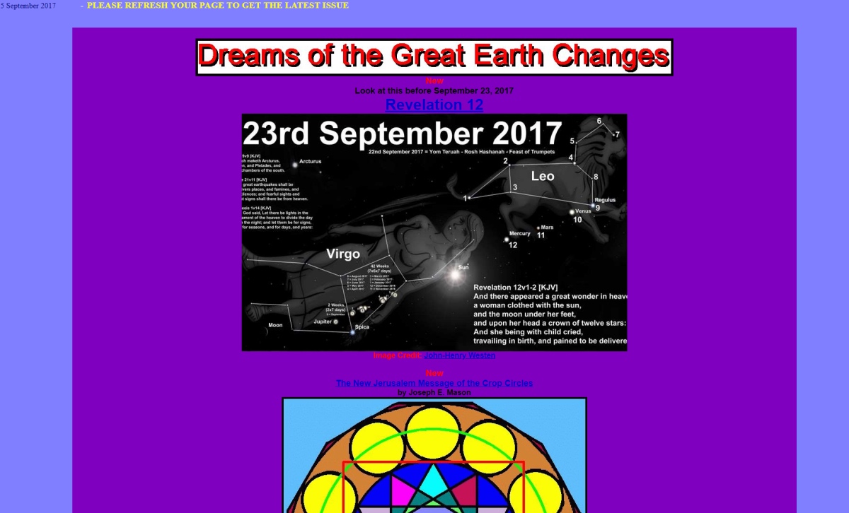 Unappealing Website Design Titled “Dreams Of The Great Earth Changes” With Unreadable Text, Jarring Imagery, And No Conversion Journey