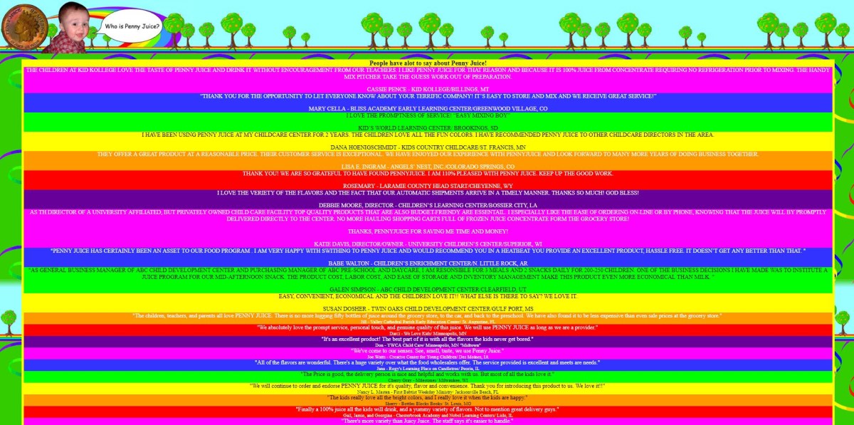 Example of web design with overwhelming visual website design with lots of colours, unreadable text, and cartoonish visuals