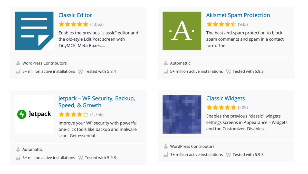 A Selection Of Four Downloadable Wordpress Plugins With Their Star Ratings