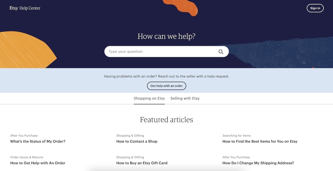 Etsy's FAQ page as an example of How to write an FAQ page