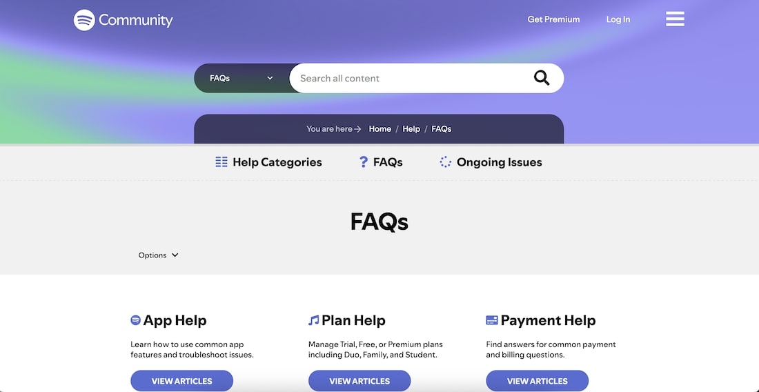 Spotify FAQ page as an example of How to write an FAQ page