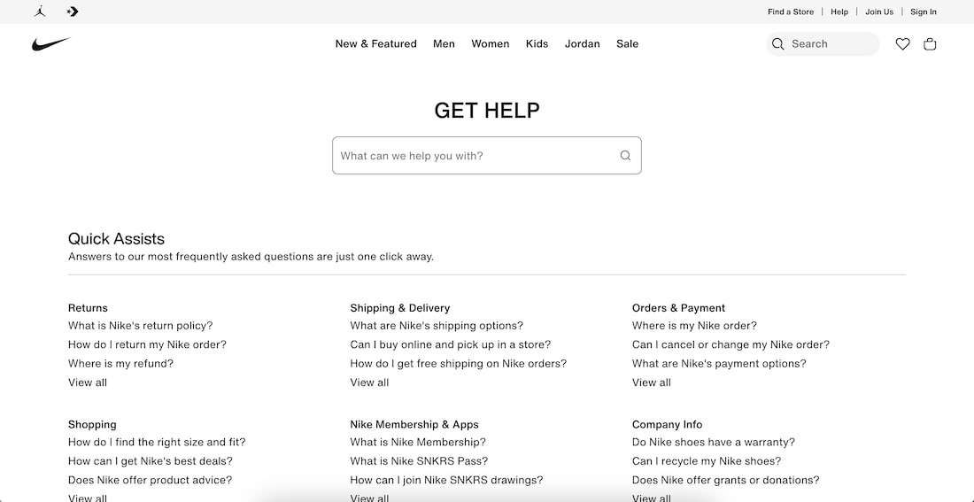 Nike's FAQ page as an example of How to write an FAQ page