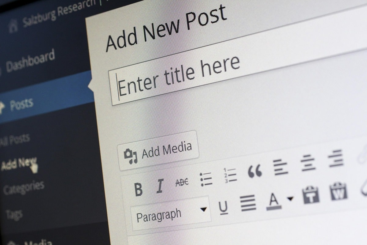 Close-up of a computer screen displaying a WordPress website interface.
