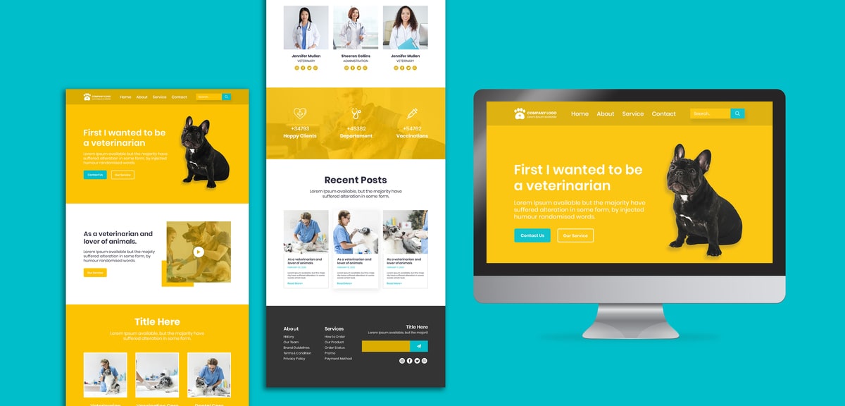 Veterinary website design template displayed on desktop and mobile screens
