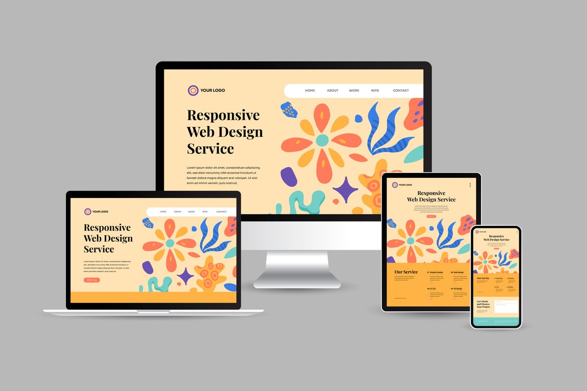 Multiple devices including a laptop, tablet, and smartphone displaying the same sample website layout to demonstrate responsive website design