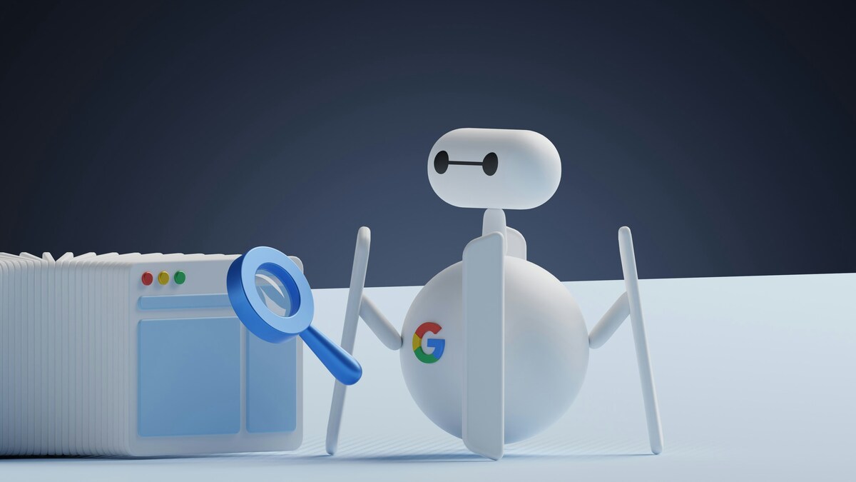 3D illustrated Google-themed search engine bot with a magnifying glass
