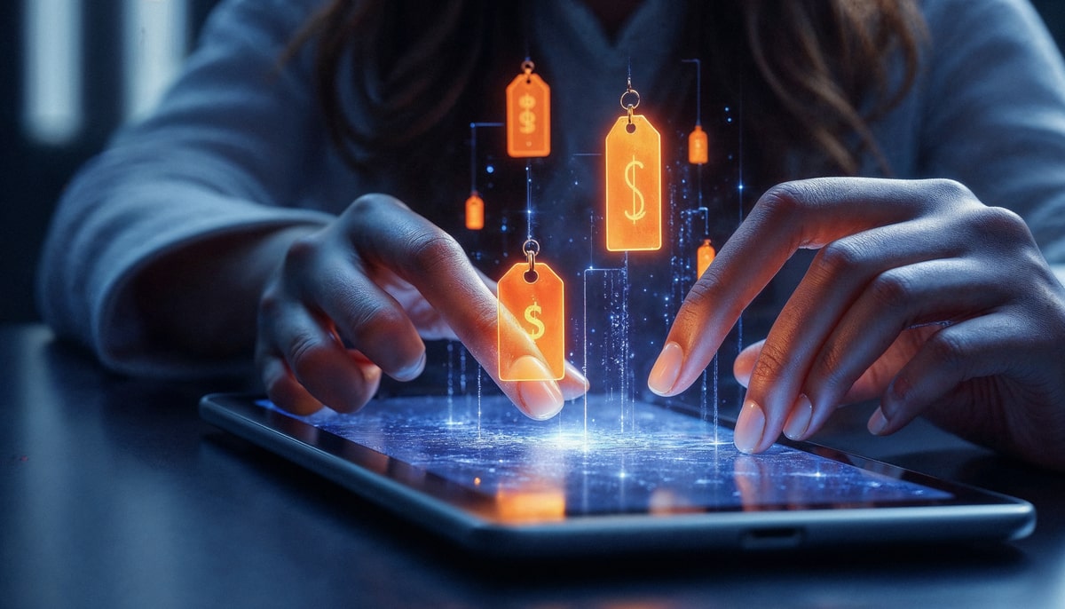 hands tapping on a screen with holographic icons of price tags floating above the display