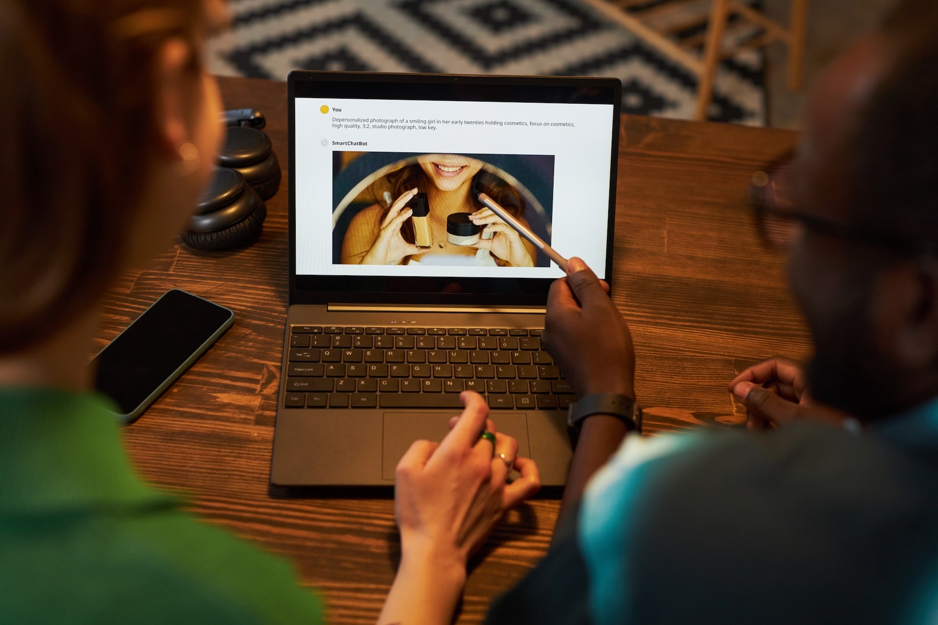 Two colleagues reviewing a website layout on a laptop during a homepage design planning session.
